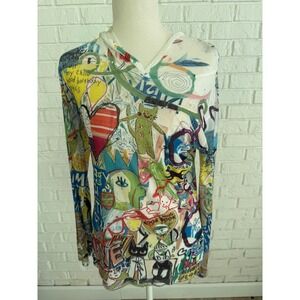 Inoah Mesh Hoodie Women Medium Multi Color Excellent Doodle Graffiti Art Top
